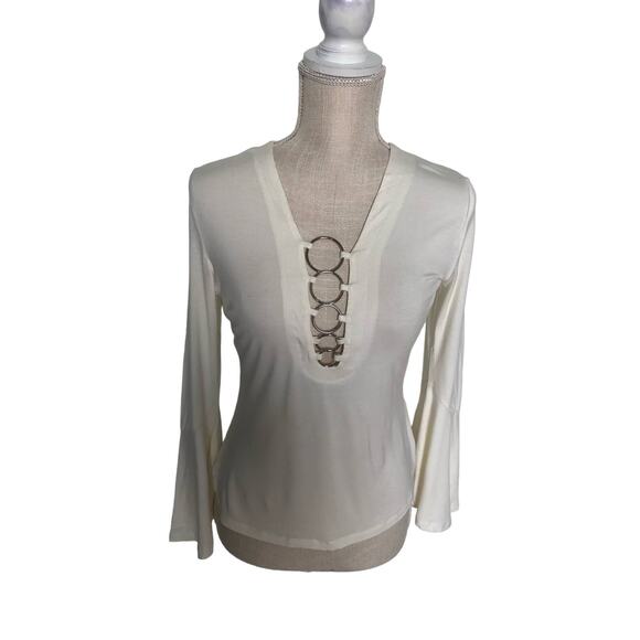 Uniq White Deep V Ring Detail Bell Sleeve Knit Top - M - Picture 1 of 4